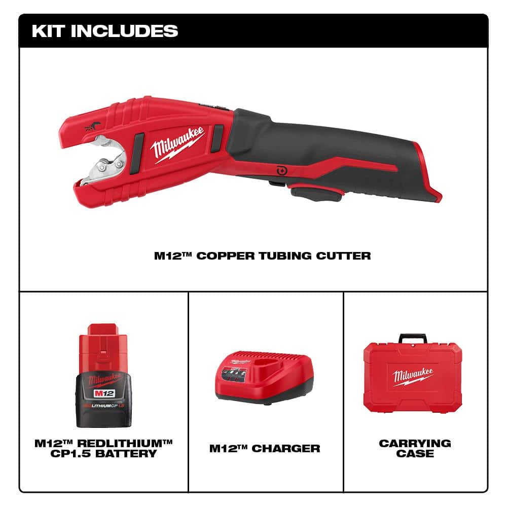 Milwaukee M12 12V Lithium-Ion Cordless Copper Tubing Cutter Kit with 1.5 Ah Battery, Charger and Hard Case 2471-21 Milwaukee M12 12V Lithium-Ion Cordless Copper Tubing Cutter Kit with 1.5 Ah Battery, Charger and Hard Case 2471-21