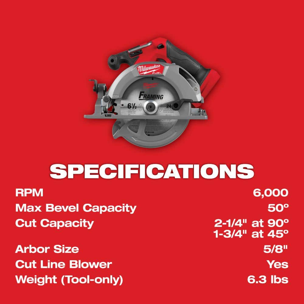 Milwaukee M18 FUEL 18V Lithium-Ion Brushless Cordless 6-1/2 in. Circular Saw (Tool-Only) 2833-20 Milwaukee M18 FUEL 18V Lithium-Ion Brushless Cordless 6-1/2 in. Circular Saw (Tool-Only) 2833-20