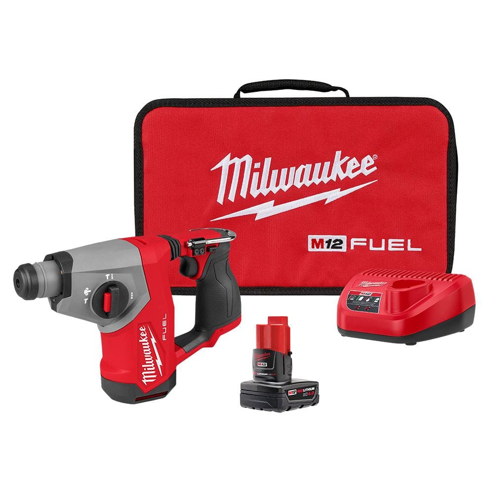 Milwaukee M12 FUEL 12V Lithium-Ion Brushless Cordless 5/8 in. SDS Plus Rotary Hammer Kit with One 4.0Ah Battery and Bag 2508-21XC Milwaukee M12 FUEL 12V Lithium-Ion Brushless Cordless 5/8 in. SDS Plus Rotary Hammer Kit with One 4.0Ah Battery and Bag 2508-21XC