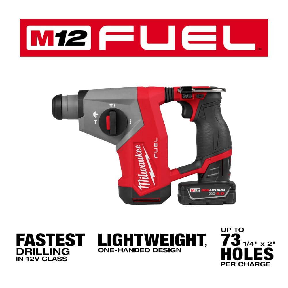 Milwaukee M12 FUEL 12V Lithium-Ion Brushless Cordless 5/8 in. SDS Plus Rotary Hammer Kit with One 4.0Ah Battery and Bag 2508-21XC Milwaukee M12 FUEL 12V Lithium-Ion Brushless Cordless 5/8 in. SDS Plus Rotary Hammer Kit with One 4.0Ah Battery and Bag 2508-21XC