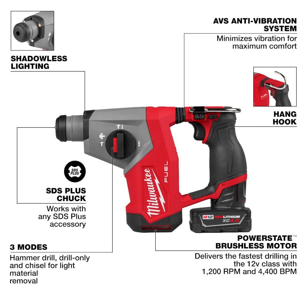 Milwaukee M12 FUEL 12V Lithium-Ion Brushless Cordless 5/8 in. SDS Plus Rotary Hammer Kit with One 4.0Ah Battery and Bag 2508-21XC Milwaukee M12 FUEL 12V Lithium-Ion Brushless Cordless 5/8 in. SDS Plus Rotary Hammer Kit with One 4.0Ah Battery and Bag 2508-21XC