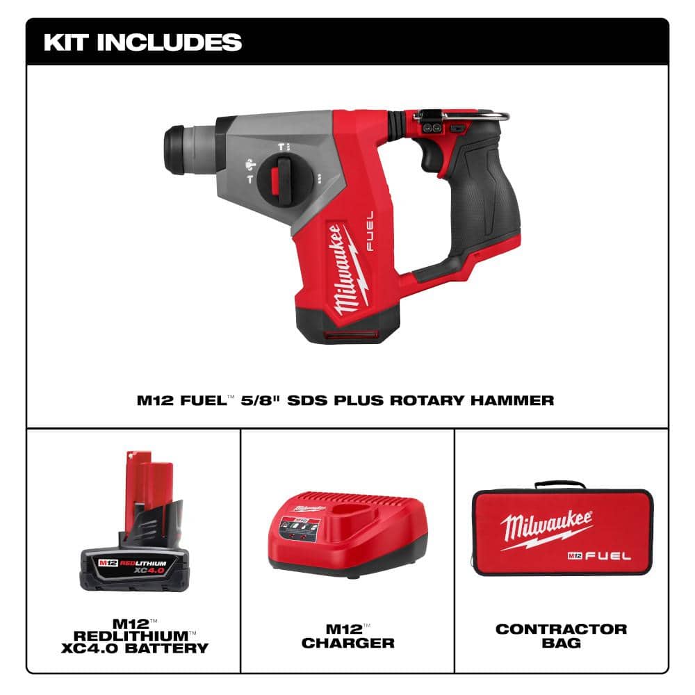 Milwaukee M12 FUEL 12V Lithium-Ion Brushless Cordless 5/8 in. SDS Plus Rotary Hammer Kit with One 4.0Ah Battery and Bag 2508-21XC Milwaukee M12 FUEL 12V Lithium-Ion Brushless Cordless 5/8 in. SDS Plus Rotary Hammer Kit with One 4.0Ah Battery and Bag 2508-21XC