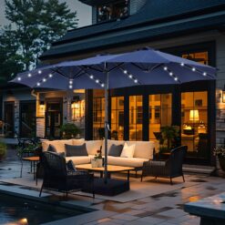 Sunshine Valley 15-Feet Steel Blue No-tilt Market Patio Umbrella with Lights and with Base