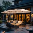 Sunshine Valley 15-Feet Steel Beige No-tilt Market Patio Umbrella with Lights and with Base