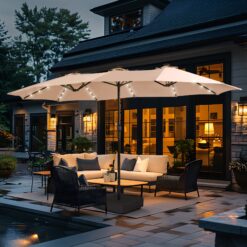 Sunshine Valley 15-Feet Steel Beige No-tilt Market Patio Umbrella with Lights and with Base
