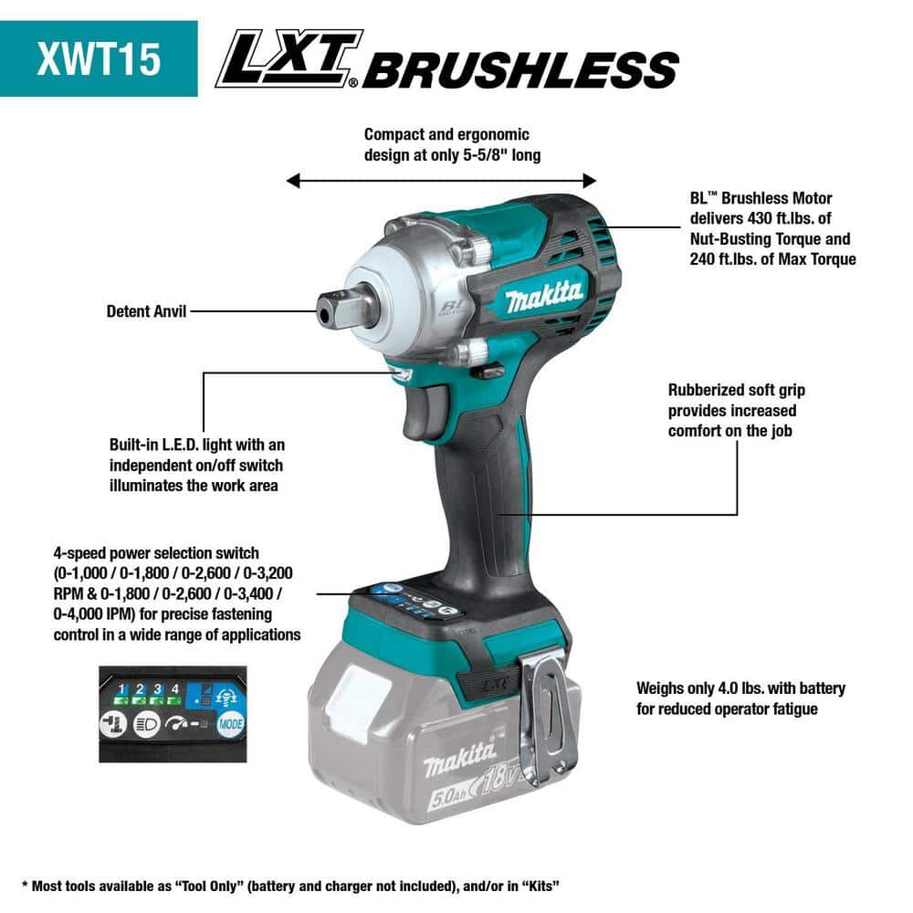Makita 18V LXT Lithium-Ion Brushless Cordless 4-Speed 1/2 in. Impact Wrench with Detent Anvil (Tool-Only) XWT15Z Makita 18V LXT Lithium-Ion Brushless Cordless 4-Speed 1/2 in. Impact Wrench with Detent Anvil (Tool-Only) XWT15Z