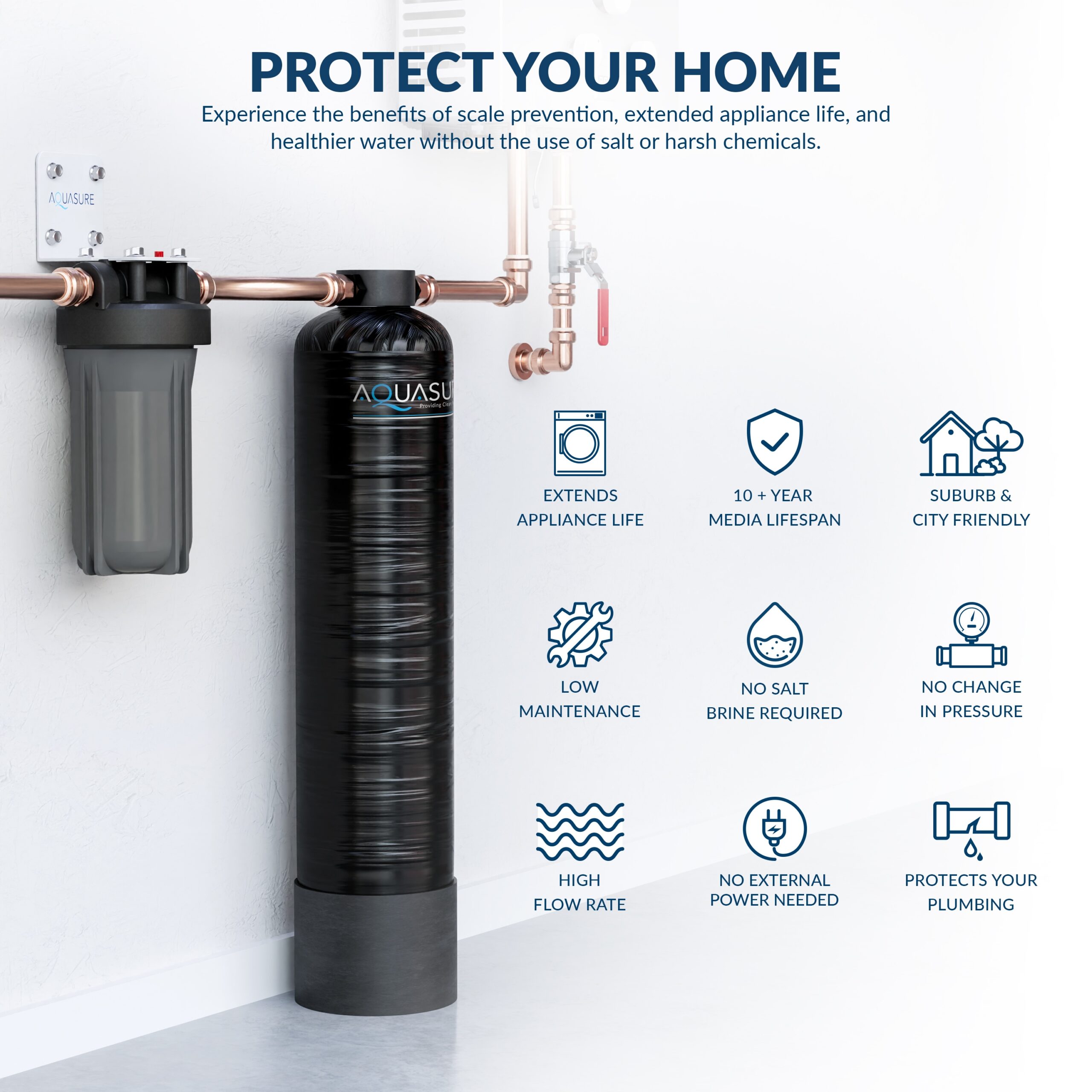 AQUASURE Serene Series Dual-stage 10-GPM Scale control media Hard water Whole House Water Filtration System AQUASURE Serene Series Dual-stage 10-GPM Scale control media Hard water Whole House Water Filtration System