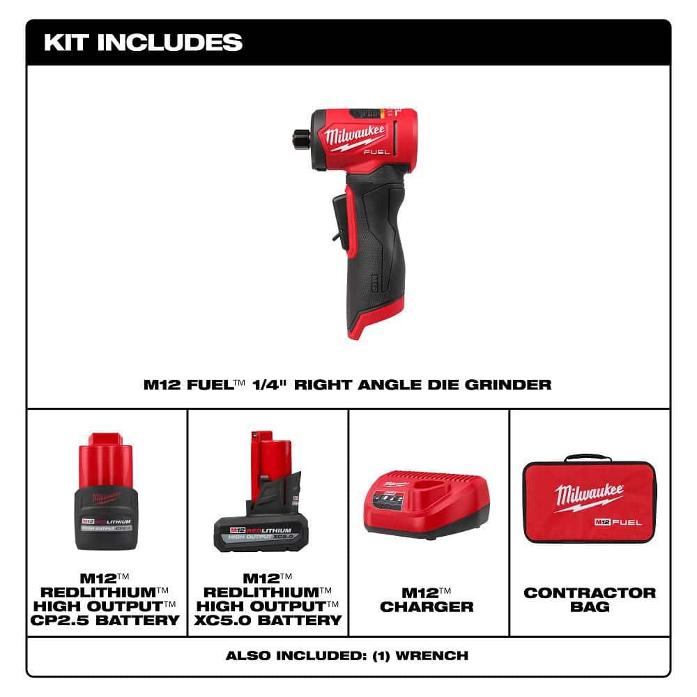 Milwaukee M12 FUEL 12V Lithium-Ion Brushless Cordless 1/4 in. Right Angle Die Grinder Kit w/ 5.0 Ah & 2.5 Ah Batteries 3485-22 Milwaukee M12 FUEL 12V Lithium-Ion Brushless Cordless 1/4 in. Right Angle Die Grinder Kit w/ 5.0 Ah & 2.5 Ah Batteries 3485-22