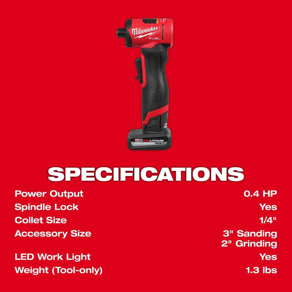 Milwaukee M12 FUEL 12V Lithium-Ion Brushless Cordless 1/4 in. Right Angle Die Grinder Kit w/ 5.0 Ah & 2.5 Ah Batteries 3485-22 Milwaukee M12 FUEL 12V Lithium-Ion Brushless Cordless 1/4 in. Right Angle Die Grinder Kit w/ 5.0 Ah & 2.5 Ah Batteries 3485-22