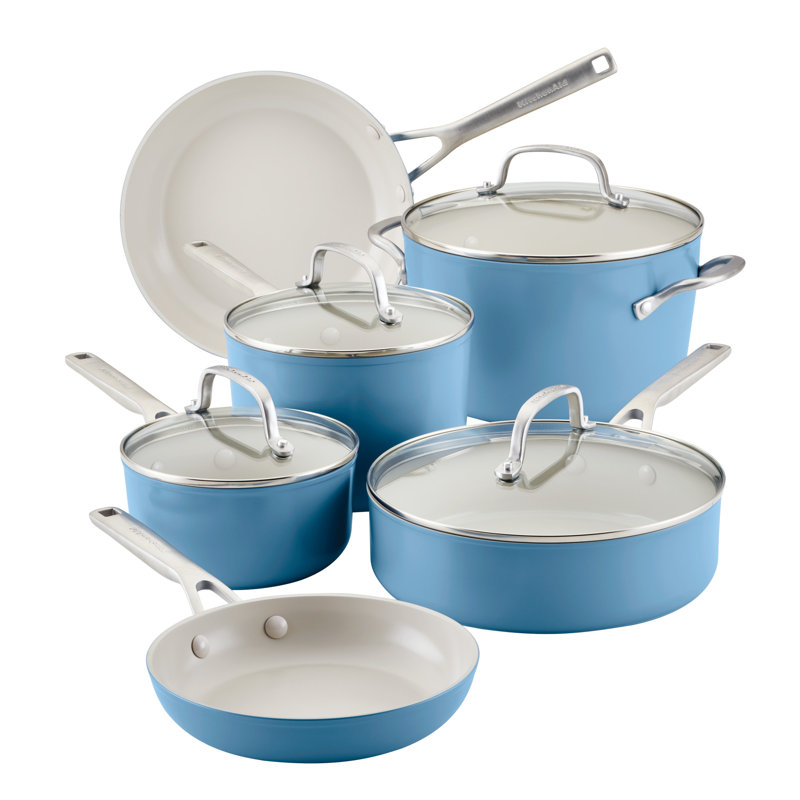 KitchenAid Hard Anodized Ceramic Nonstick Cookware Pots and Pans Set, 10 Piece, Blue