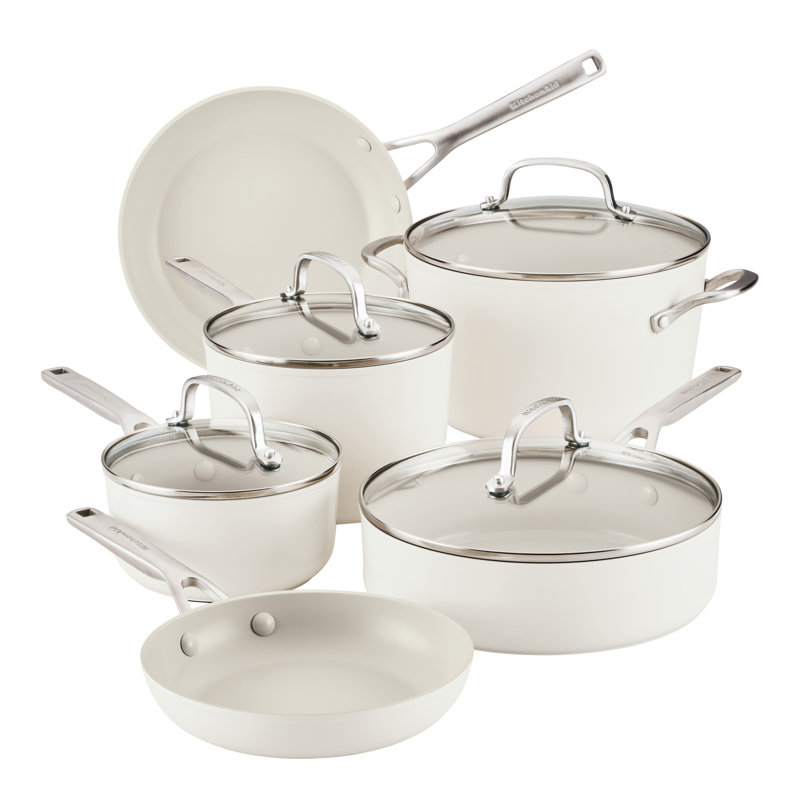 Kitchenaid Hard Anodized Ceramic Nonstick Cookware Pots And Pans Set, 10 Piece, Porcelain White