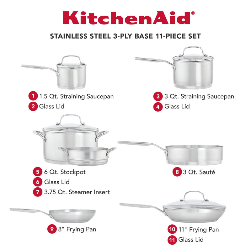 KitchenAid 3-Ply Base Stainless Steel Cookware Induction Pots and Pans Set, 11 Piece