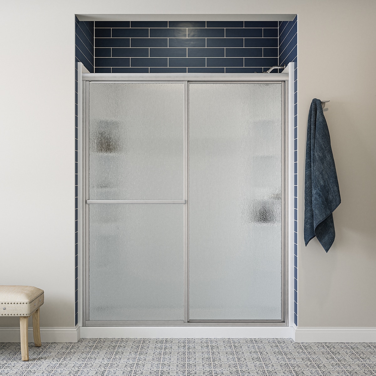 Sterling Deluxe Silver 54-in to 60-in W x 70-in H Framed Bypass Sliding Shower door 1/8-in Thick Rain Glass Sterling Deluxe Silver 54-in to 60-in W x 70-in H Framed Bypass Sliding Shower door 1/8-in Thick Rain Glass