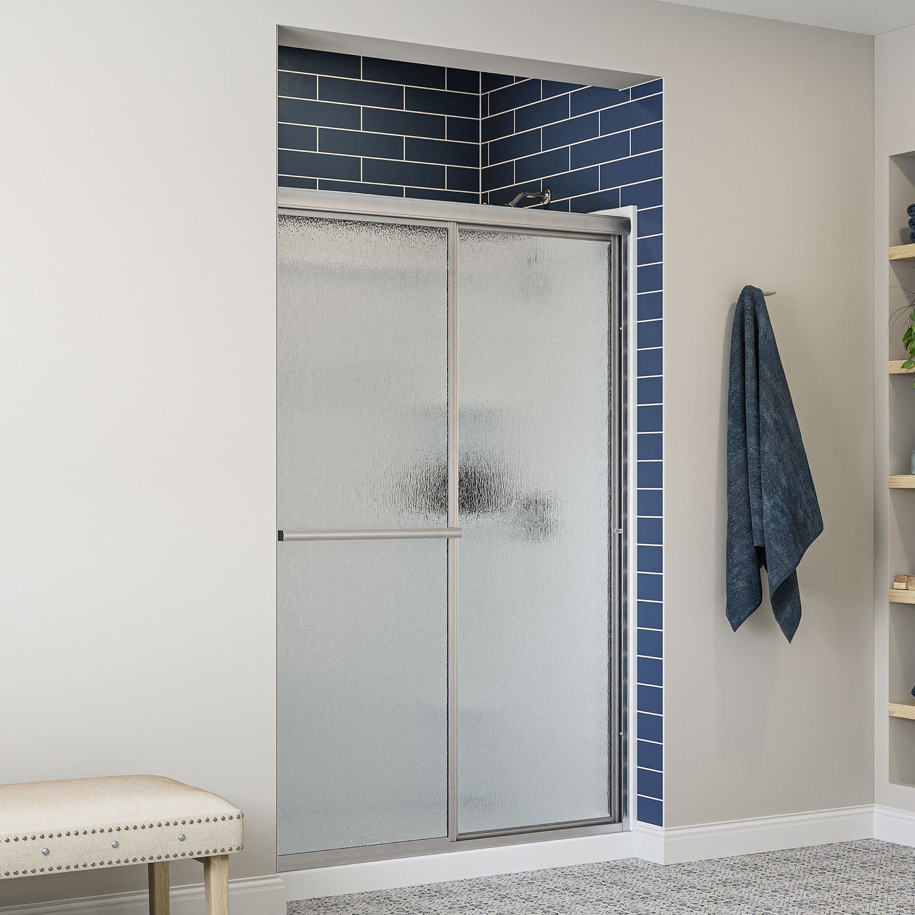 Sterling Deluxe Silver 54-in to 60-in W x 70-in H Framed Bypass Sliding Shower door 1/8-in Thick Rain Glass Sterling Deluxe Silver 54-in to 60-in W x 70-in H Framed Bypass Sliding Shower door 1/8-in Thick Rain Glass