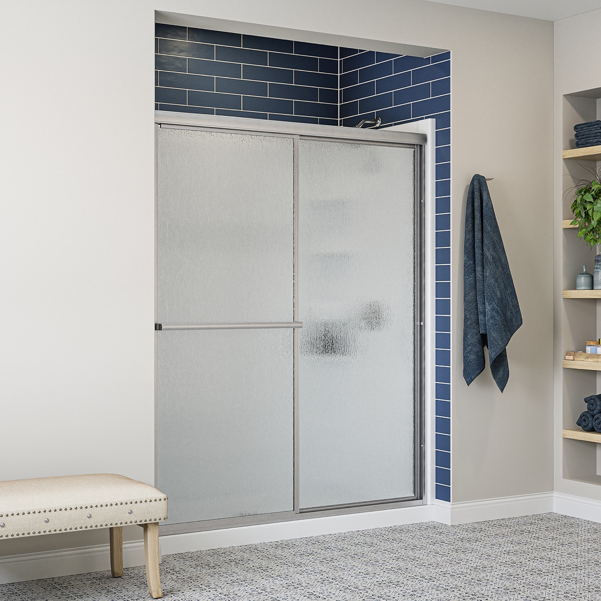 Sterling Deluxe Silver 54-in to 60-in W x 70-in H Framed Bypass Sliding Shower door 1/8-in Thick Rain Glass Sterling Deluxe Silver 54-in to 60-in W x 70-in H Framed Bypass Sliding Shower door 1/8-in Thick Rain Glass