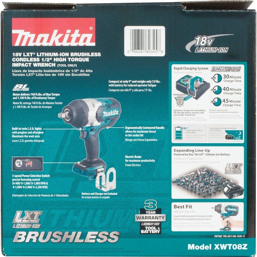 Makita 18V LXT Lithium-Ion Brushless Cordless High Torque 1/2 in. 3-Speed Drive Impact Wrench (Tool-Only) XWT08Z Makita 18V LXT Lithium-Ion Brushless Cordless High Torque 1/2 in. 3-Speed Drive Impact Wrench (Tool-Only) XWT08Z