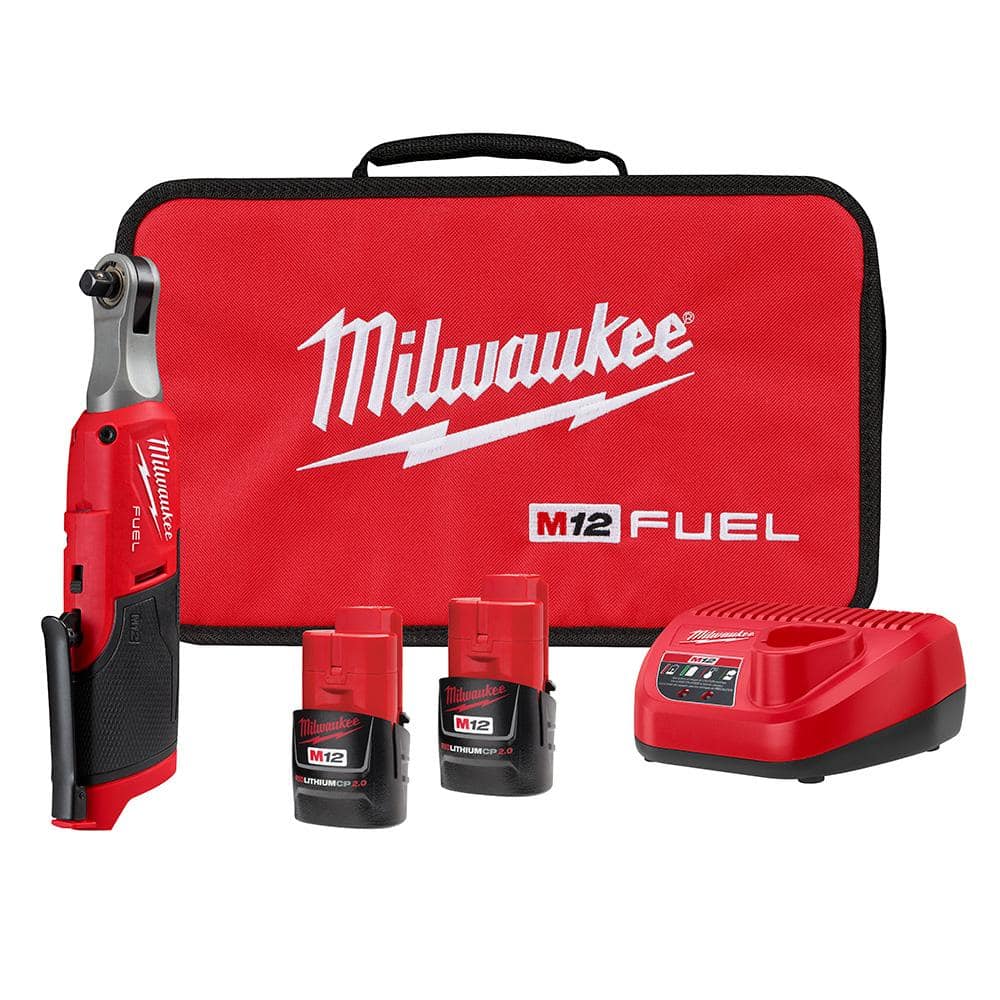 Milwaukee M12 FUEL 12V Lithium-Ion Brushless Cordless High Speed 3/8 in. Ratchet Kit w/(2) Batteries, Charger and Bag 2567-22