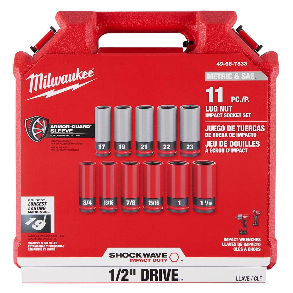 Milwaukee SHOCKWAVE Impact-Duty 1/2 in. Drive Deep SAE & Metric Lug Nut Impact Socket Set (11-Piece) 49-66-7833 Milwaukee SHOCKWAVE Impact-Duty 1/2 in. Drive Deep SAE & Metric Lug Nut Impact Socket Set (11-Piece) 49-66-7833