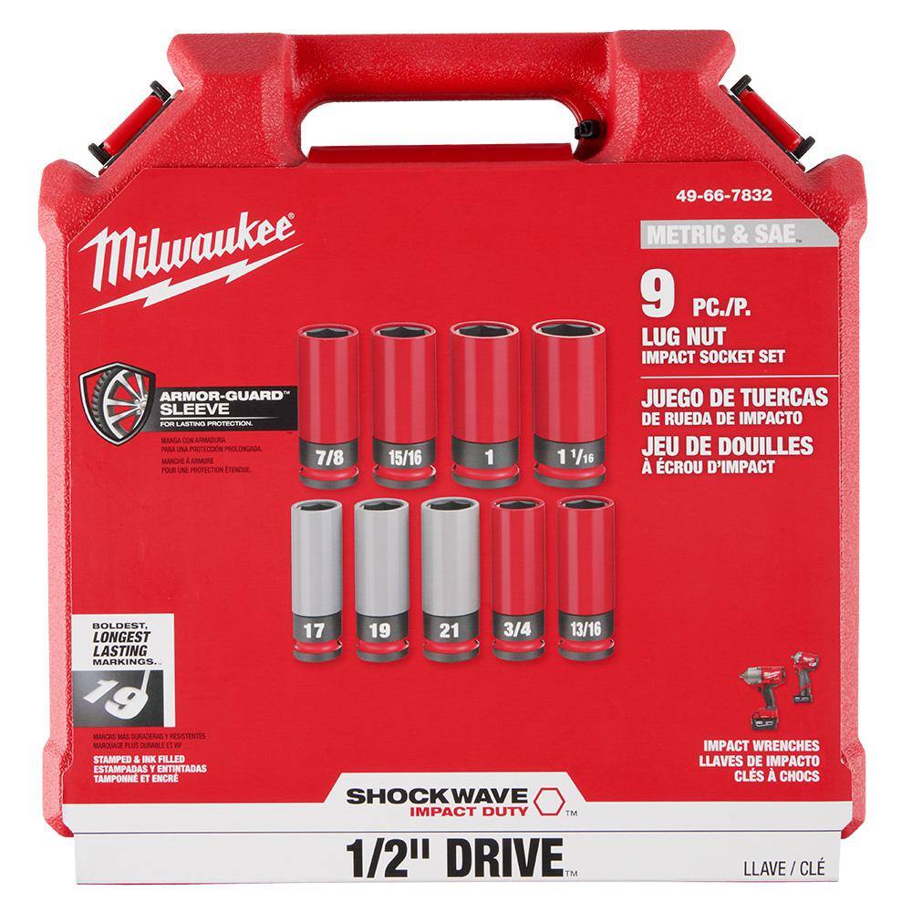Milwaukee SHOCKWAVE Impact-Duty 1/2 in. Drive Deep SAE & Metric Lug Nut Impact Socket Set (9-Piece) 49-66-7832 Milwaukee SHOCKWAVE Impact-Duty 1/2 in. Drive Deep SAE & Metric Lug Nut Impact Socket Set (9-Piece) 49-66-7832