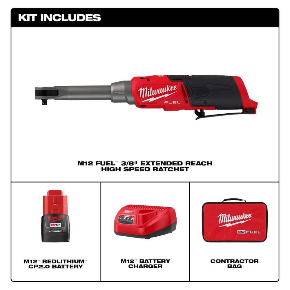 Milwaukee M12 FUEL 12V Lithium-Ion Brushless Cordless 3/8 in. Extended Reach High Speed Ratchet Kit 2569-21