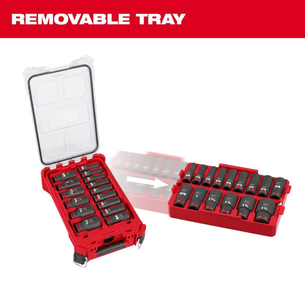 Milwaukee SHOCKWAVE Impact-Duty 1/2 in. Drive SAE Deep Well Impact PACKOUT Socket Set (15-Piece) 49-66-6802 Milwaukee SHOCKWAVE Impact-Duty 1/2 in. Drive SAE Deep Well Impact PACKOUT Socket Set (15-Piece) 49-66-6802