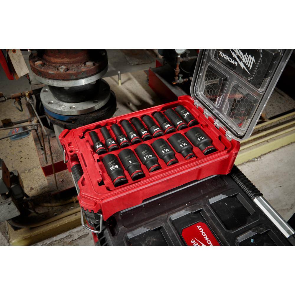 Milwaukee SHOCKWAVE Impact-Duty 1/2 in. Drive SAE Deep Well Impact PACKOUT Socket Set (15-Piece) 49-66-6802 Milwaukee SHOCKWAVE Impact-Duty 1/2 in. Drive SAE Deep Well Impact PACKOUT Socket Set (15-Piece) 49-66-6802