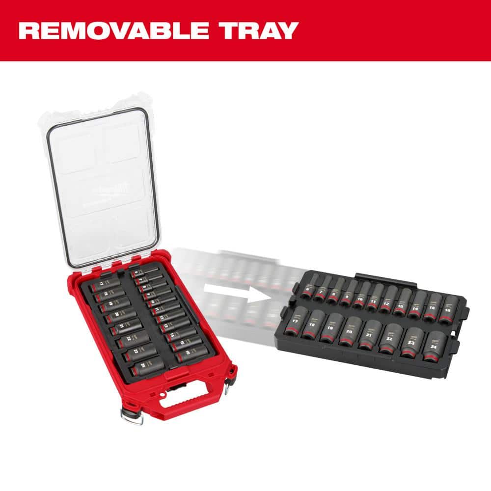 Milwaukee SHOCKWAVE Impact-Duty 3/8 in. Drive Metric Deep Well Impact PACKOUT Socket Set (19-Piece) 49-66-6801 Milwaukee SHOCKWAVE Impact-Duty 3/8 in. Drive Metric Deep Well Impact PACKOUT Socket Set (19-Piece) 49-66-6801