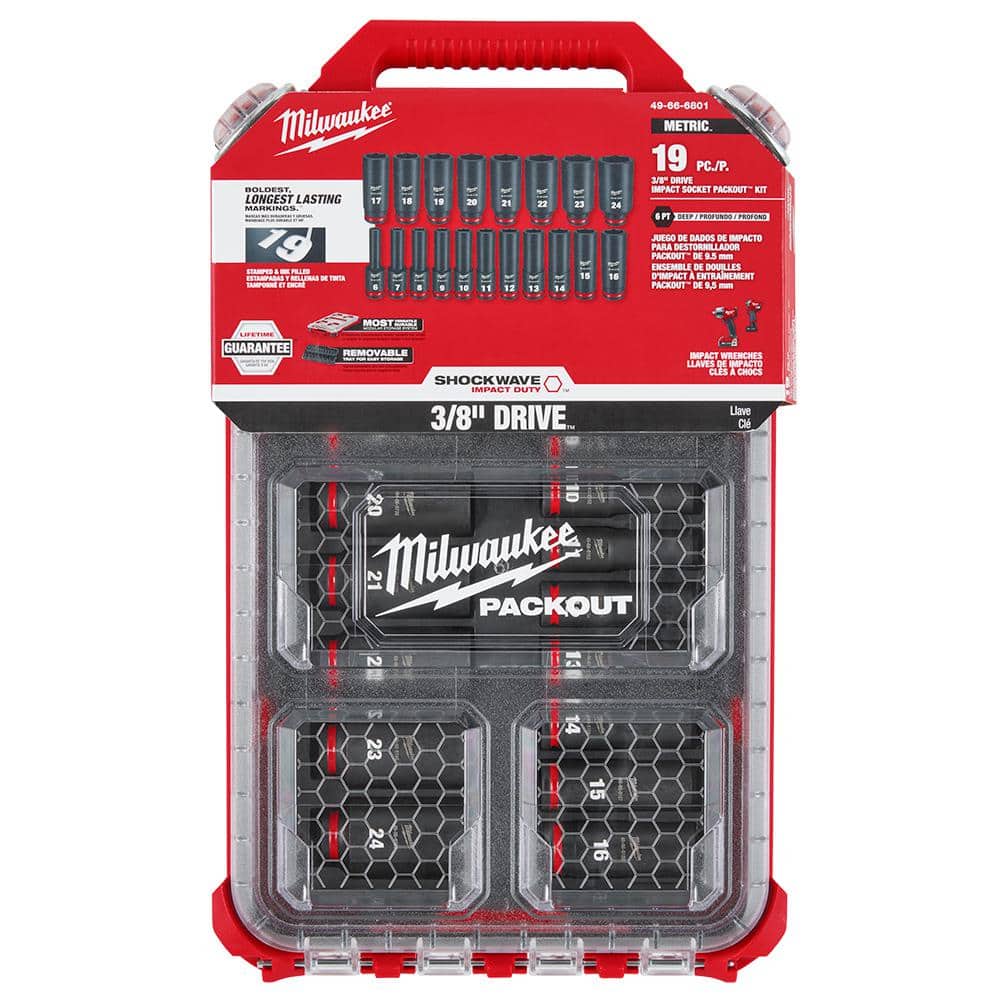 Milwaukee SHOCKWAVE Impact-Duty 3/8 in. Drive Metric Deep Well Impact PACKOUT Socket Set (19-Piece) 49-66-6801 Milwaukee SHOCKWAVE Impact-Duty 3/8 in. Drive Metric Deep Well Impact PACKOUT Socket Set (19-Piece) 49-66-6801
