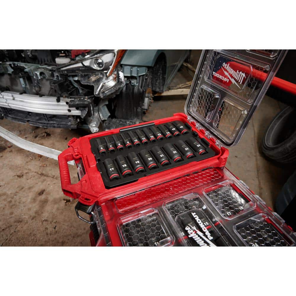 Milwaukee SHOCKWAVE Impact-Duty 3/8 in. Drive Metric Deep Well Impact PACKOUT Socket Set (19-Piece) 49-66-6801 Milwaukee SHOCKWAVE Impact-Duty 3/8 in. Drive Metric Deep Well Impact PACKOUT Socket Set (19-Piece) 49-66-6801