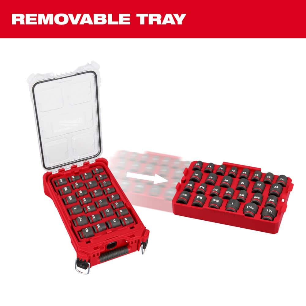 Milwaukee SHOCKWAVE Impact-Duty 1/2 in. Drive Metric and SAE Standard Impact PACKOUT Socket Set (27-Piece) 49-66-6804 Milwaukee SHOCKWAVE Impact-Duty 1/2 in. Drive Metric and SAE Standard Impact PACKOUT Socket Set (27-Piece) 49-66-6804