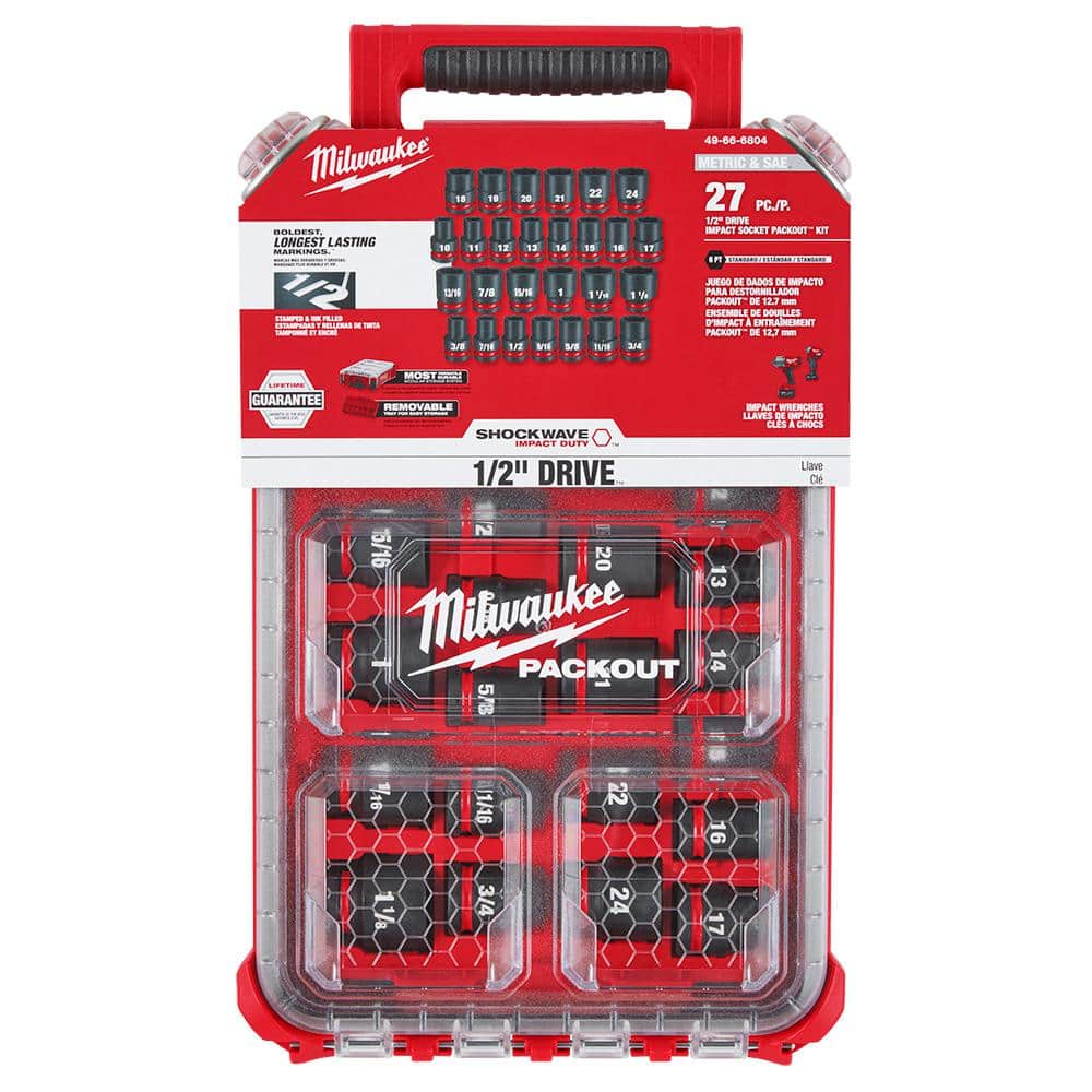 Milwaukee SHOCKWAVE Impact-Duty 1/2 in. Drive Metric and SAE Standard Impact PACKOUT Socket Set (27-Piece) 49-66-6804 Milwaukee SHOCKWAVE Impact-Duty 1/2 in. Drive Metric and SAE Standard Impact PACKOUT Socket Set (27-Piece) 49-66-6804