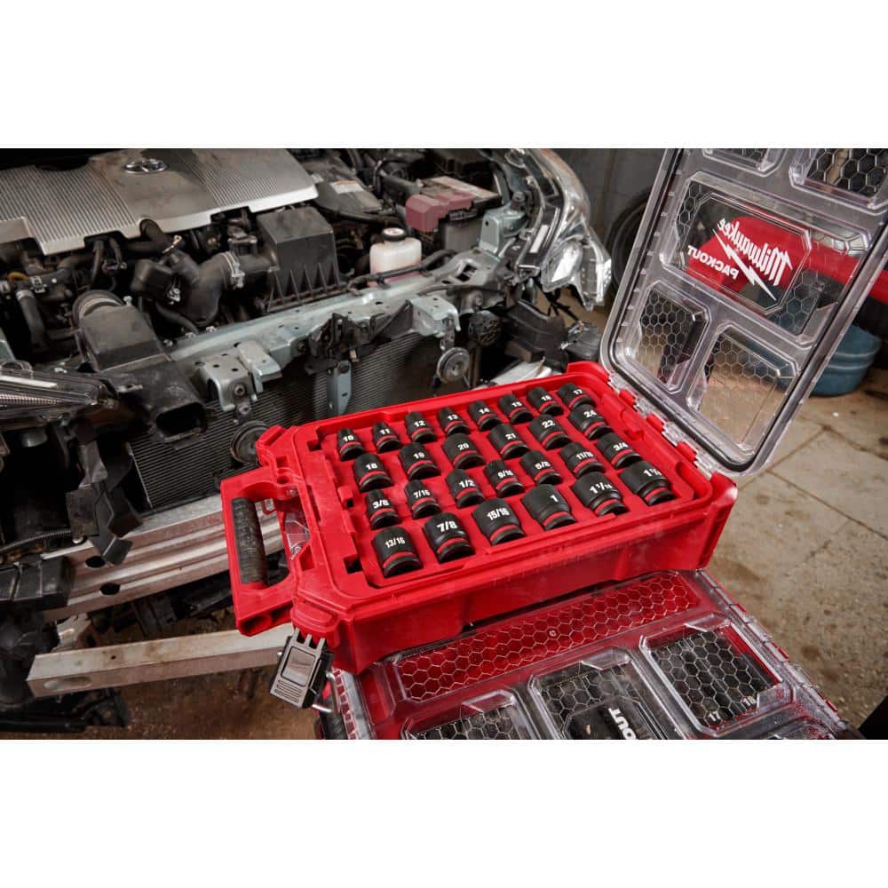 Milwaukee SHOCKWAVE Impact-Duty 1/2 in. Drive Metric and SAE Standard Impact PACKOUT Socket Set (27-Piece) 49-66-6804 Milwaukee SHOCKWAVE Impact-Duty 1/2 in. Drive Metric and SAE Standard Impact PACKOUT Socket Set (27-Piece) 49-66-6804