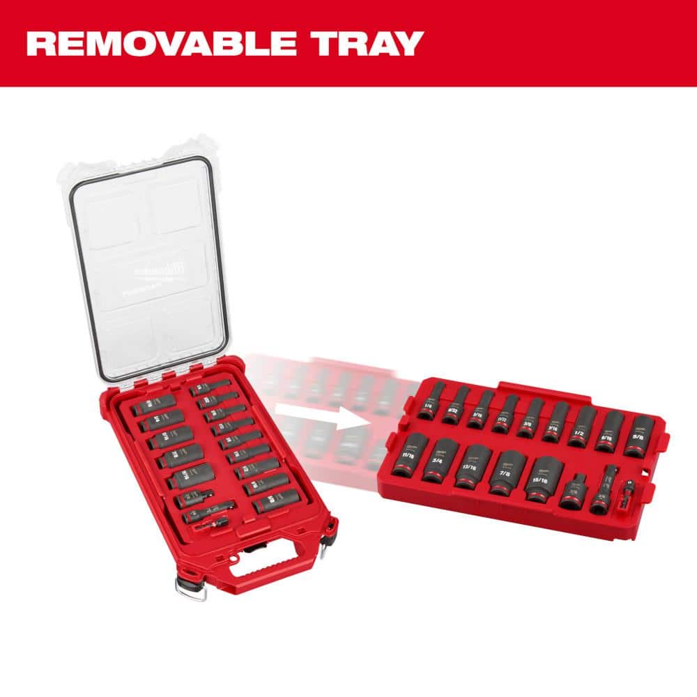 Milwaukee SHOCKWAVE Impact-Duty 3/8 in. Drive SAE Deep Well Impact PACKOUT Socket Set (17-Piece) 49-66-6800 Milwaukee SHOCKWAVE Impact-Duty 3/8 in. Drive SAE Deep Well Impact PACKOUT Socket Set (17-Piece) 49-66-6800