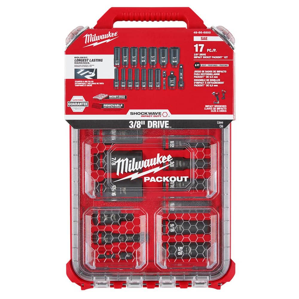 Milwaukee SHOCKWAVE Impact-Duty 3/8 in. Drive SAE Deep Well Impact PACKOUT Socket Set (17-Piece) 49-66-6800 Milwaukee SHOCKWAVE Impact-Duty 3/8 in. Drive SAE Deep Well Impact PACKOUT Socket Set (17-Piece) 49-66-6800