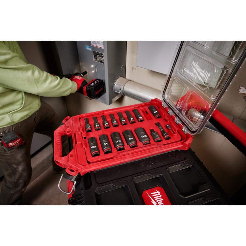 Milwaukee SHOCKWAVE Impact-Duty 3/8 in. Drive SAE Deep Well Impact PACKOUT Socket Set (17-Piece) 49-66-6800 Milwaukee SHOCKWAVE Impact-Duty 3/8 in. Drive SAE Deep Well Impact PACKOUT Socket Set (17-Piece) 49-66-6800
