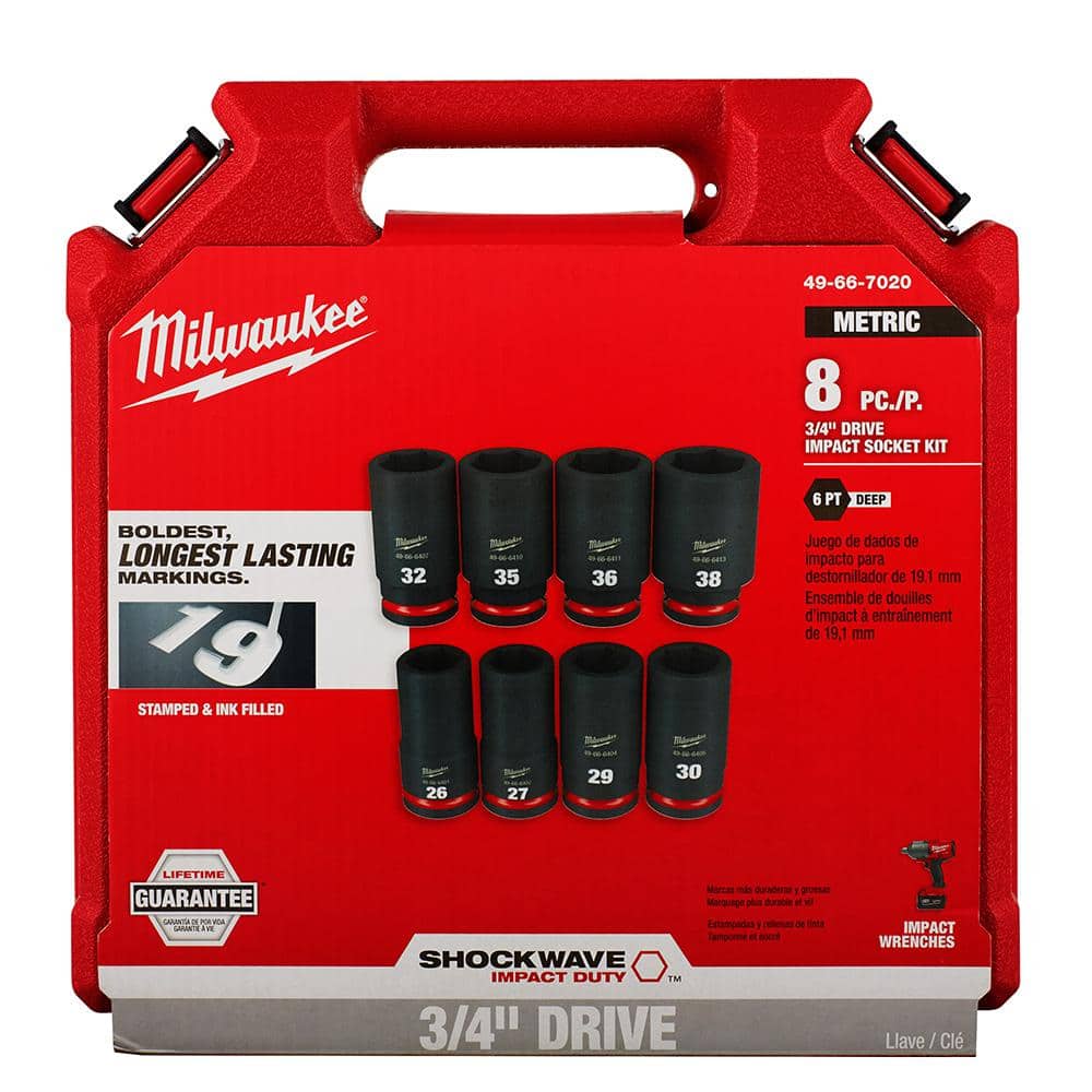 Milwaukee SHOCKWAVE 3/4 in. Drive Metric Deep Well 6 Point Impact Socket Set (8-Piece) 49-66-7020 Milwaukee SHOCKWAVE 3/4 in. Drive Metric Deep Well 6 Point Impact Socket Set (8-Piece) 49-66-7020