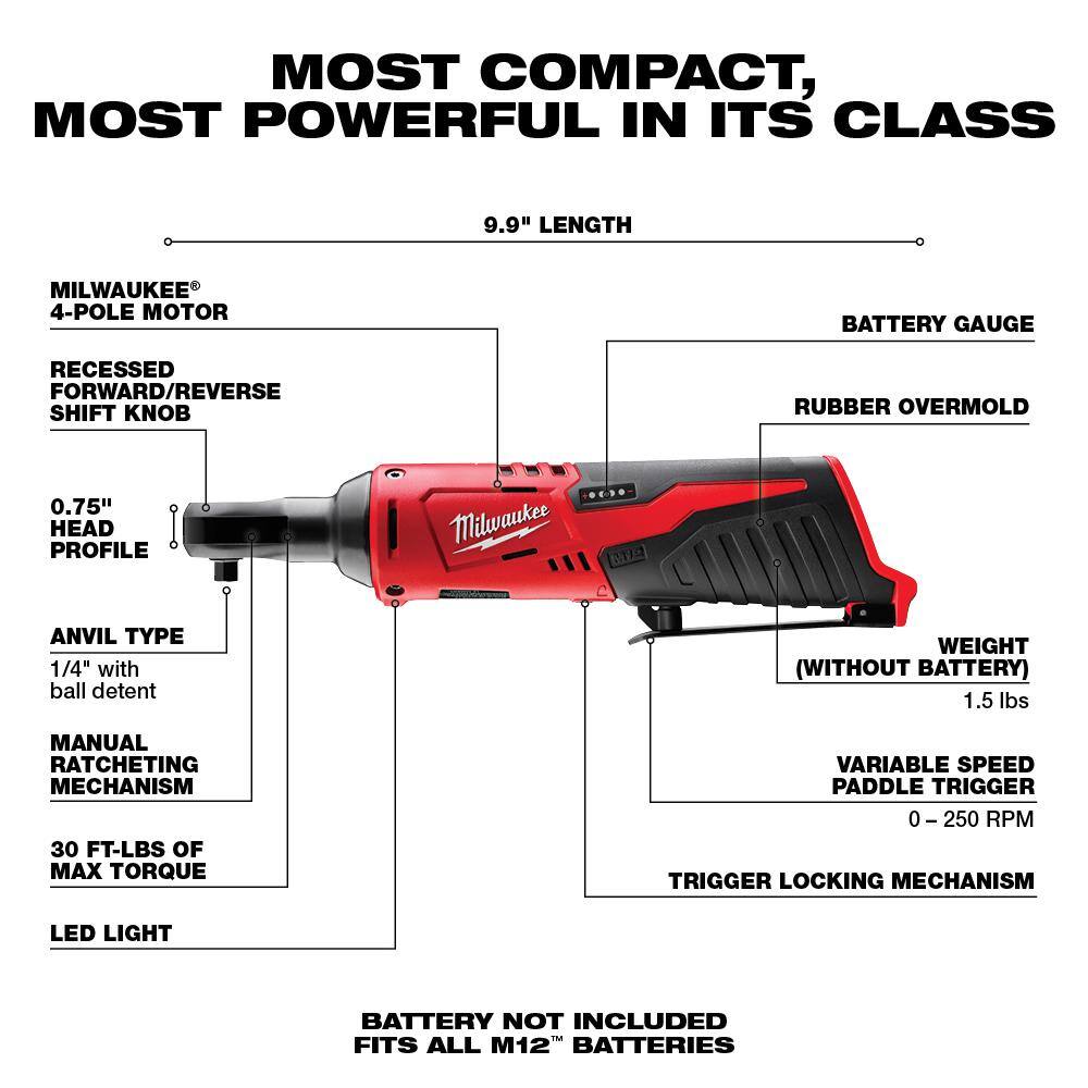 Milwaukee M12 12V Lithium-Ion Cordless 1/4 in. Ratchet (Tool-Only) 2456-20