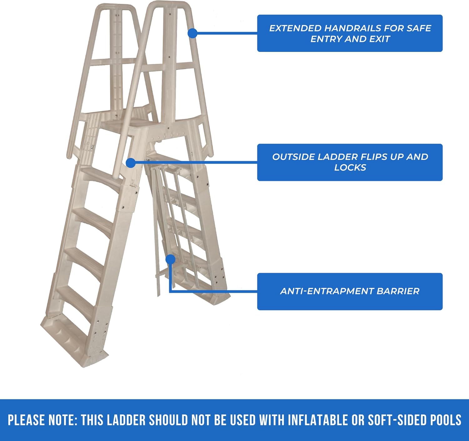 Vinyl Works SLA A-Frame 48-56 Inch Adjustable Above Ground Swimming Pool Ladder Entry System, Taupe Vinyl Works SLA A-Frame 48-56 Inch Adjustable Above Ground Swimming Pool Ladder Entry System with Slide Lock Barrier and Handrails, Taupe