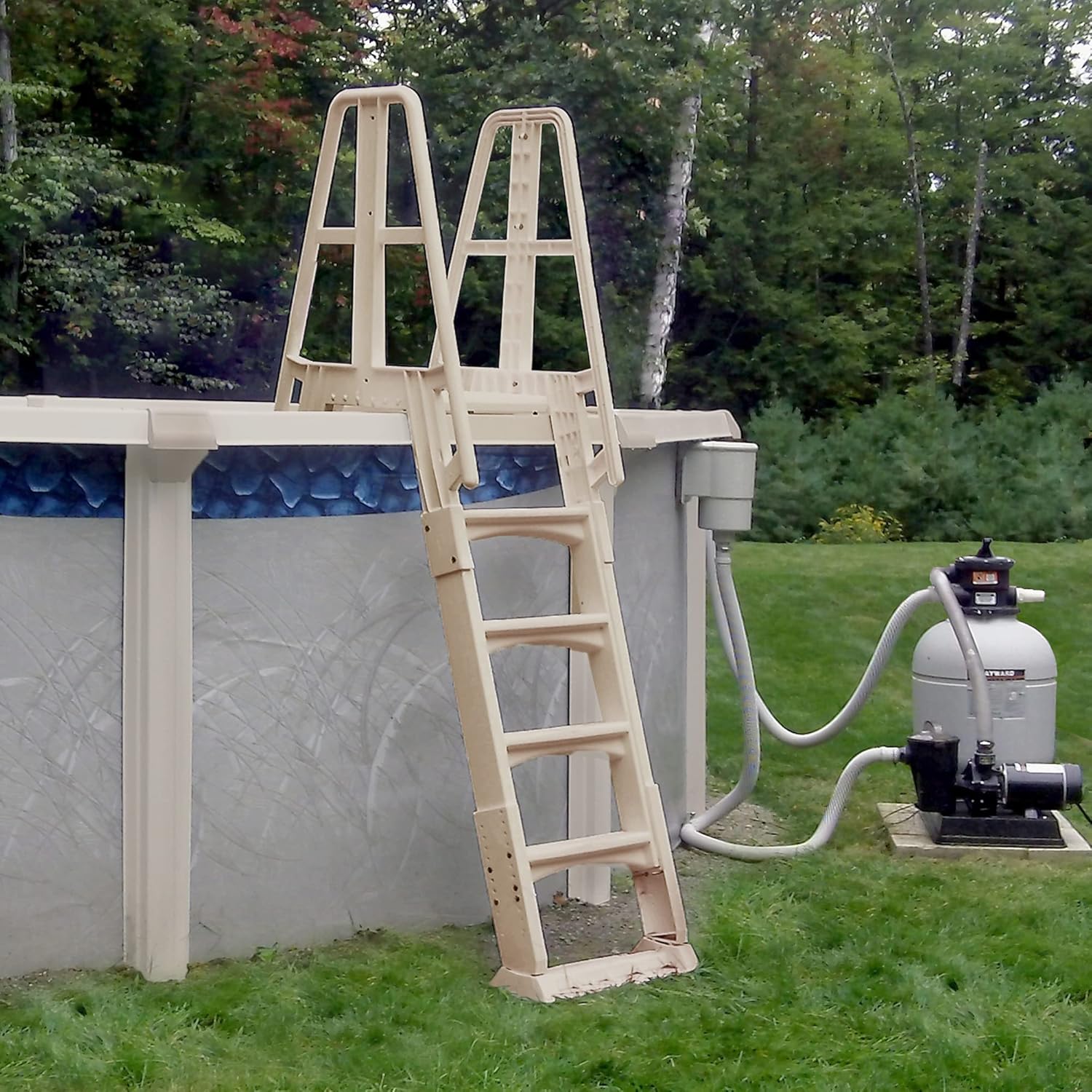 Vinyl Works SLA A-Frame 48-56 Inch Adjustable Above Ground Swimming Pool Ladder Entry System, Taupe Vinyl Works SLA A-Frame 48-56 Inch Adjustable Above Ground Swimming Pool Ladder Entry System with Slide Lock Barrier and Handrails, Taupe