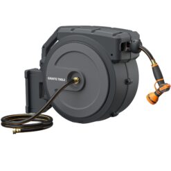Giraffe Tools AW40 Retractable Hose Reel 5/8" x 90 ft Wall Mounted Garden Hose Reel Heavy Duty, Automatic Rewind, 90 ft, Dark Grey