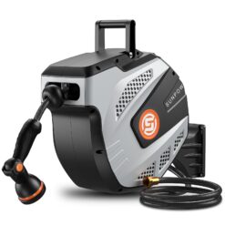 SUNPOW Retractable Garden Hose Reel, 1/2 inch x 50ft Wall Mounted Hose Reel with 3/4 inch Brass Fitting - Grey