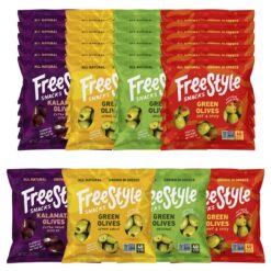 Freestyle Snacks Olive Snack Packs - 24 Pack Variety - Original Green, Hot & Spicy, Lemon Garlic, and Kalamata, 1.1oz (24 Pack)