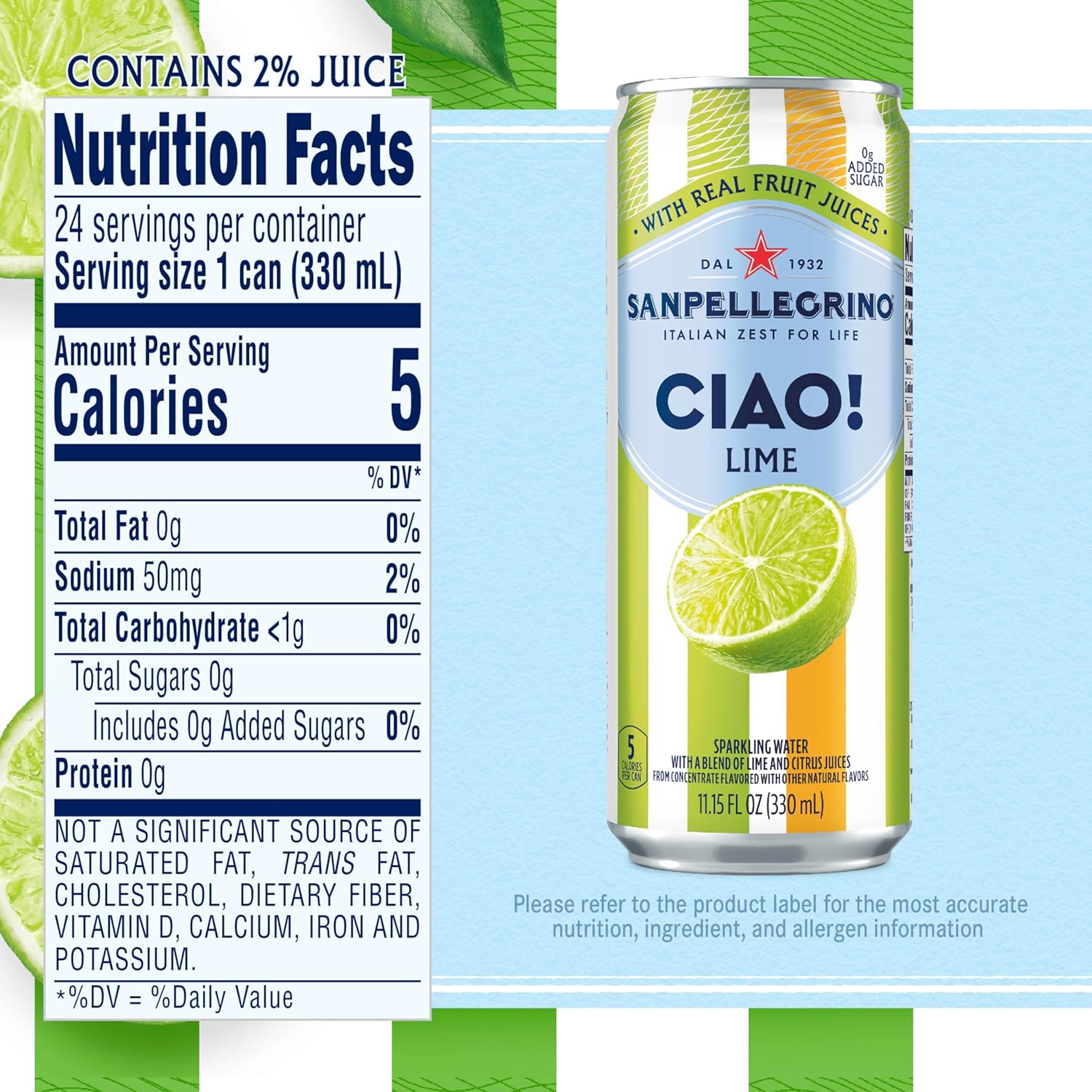 Sanpellegrino CIAO Lime Sparkling Water, Low-Calorie Italian Sparkling Water with Real Fruit Juices, 0g Added Sugar, 24-Pack Sanpellegrino CIAO Lime Sparkling Water, Low-Calorie Italian Sparkling Water with Real Fruit Juices, 0g Added Sugar, 24-Pack - Image 5