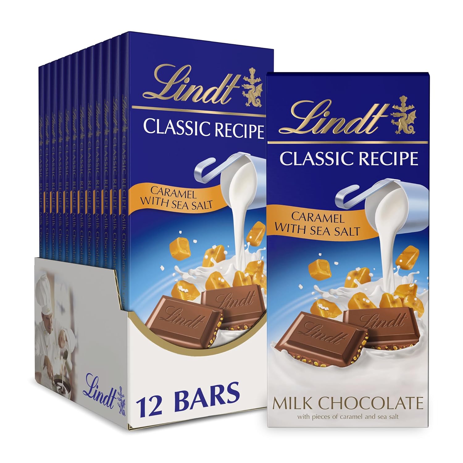 Lindt CLASSIC RECIPE Caramel with Sea Salt Milk Chocolate Bar, Milk Chocolate Candy with Pieces of Caramel and Sea Salt, 4.4 oz. (12 Pack) Lindt CLASSIC RECIPE Caramel with Sea Salt Milk Chocolate Bar, Milk Chocolate Candy with Pieces of Caramel and Sea Salt, 4.4 oz. (12 Pack)