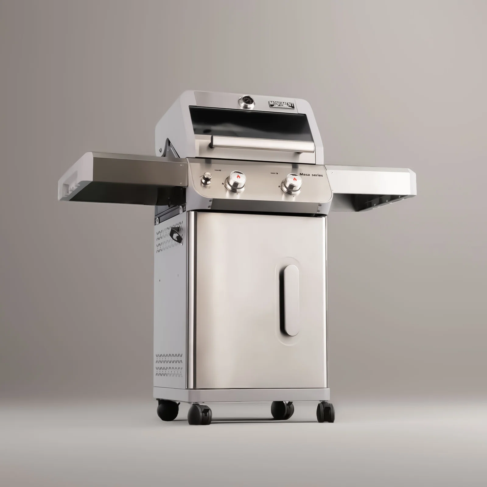 Monument Grills Mesa Series 2-Burner Free Standing Stailless Liquid Propane 24000 BTU Gas Grill with Cabinet, Gray Monument Grills Mesa Series 2-Burner Free Standing Stailless Liquid Propane 24000 BTU Gas Grill with Cabinet, Gray