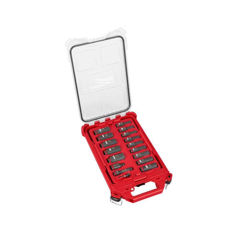 Milwaukee SHOCKWAVE Impact-Duty 3/8 in. Drive SAE Deep Well Impact PACKOUT Socket Set (17-Piece) 49-66-6800 Milwaukee SHOCKWAVE Impact-Duty 3/8 in. Drive SAE Deep Well Impact PACKOUT Socket Set (17-Piece) 49-66-6800