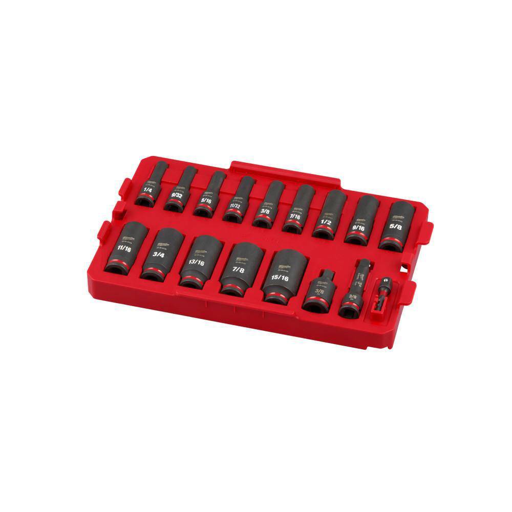 Milwaukee SHOCKWAVE Impact-Duty 3/8 in. Drive SAE Deep Well Impact Socket Set (17-Piece) 49-66-6815 Milwaukee SHOCKWAVE Impact-Duty 3/8 in. Drive SAE Deep Well Impact Socket Set (17-Piece) 49-66-6815