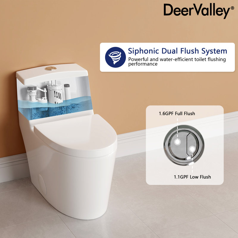 DeerValley Prism Dual-Flush Elongated One-Piece Toilet with Glazed Surface Lower Water Tank for Space Saving (Seat Included)