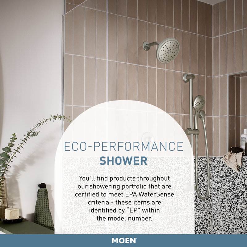 Matte Black Moen Eco-Performance 5-Function Handheld Shower with 30-Inch Slide Bar and 69-Inch Hose (Part number: 3558EPBL) Moen Eco-Performance 5-Function Handheld Shower with 30-Inch Slide Bar and 69-Inch Hose