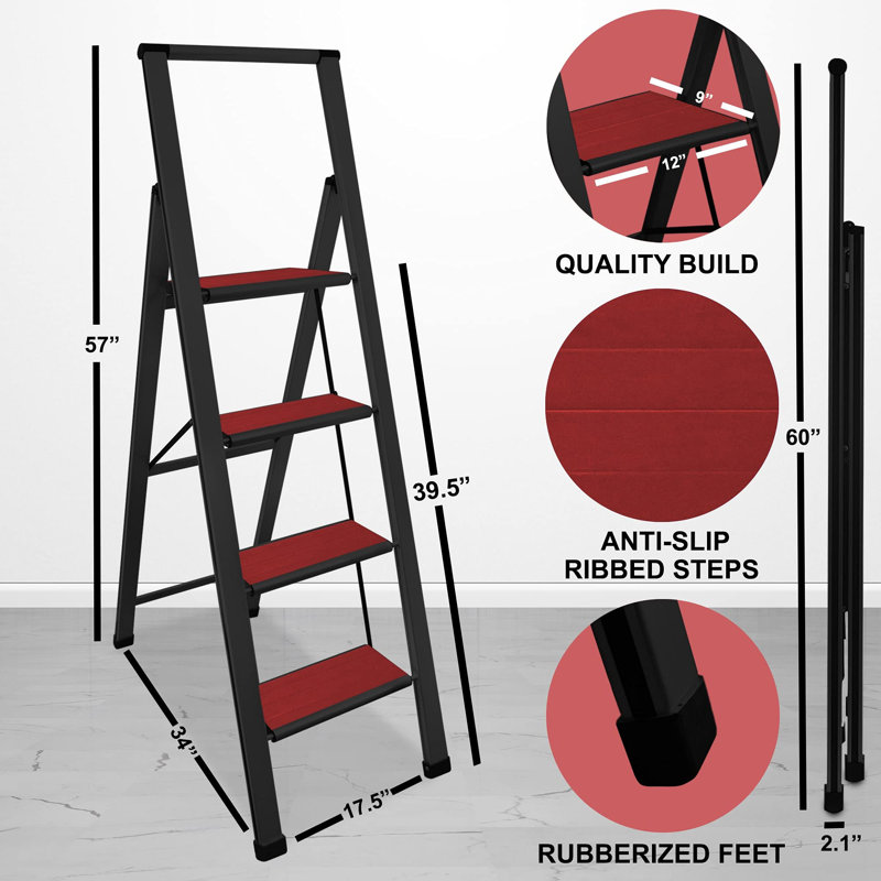Sorfey Step Ladders 4 - Step Steel Lightweight Folding Step Ladder, Black/Red